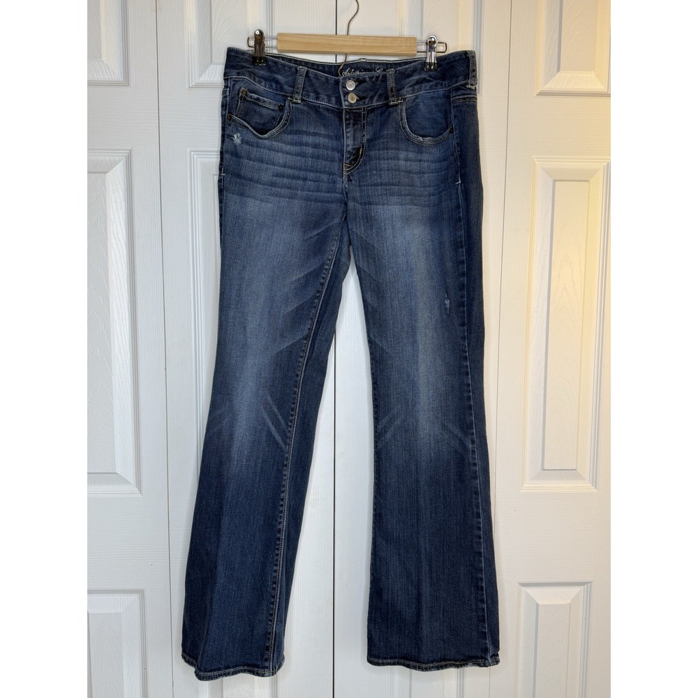 American Eagle Jeans Artist Bootcut Mid-rise Double Button Whiskering Sz 12 Long